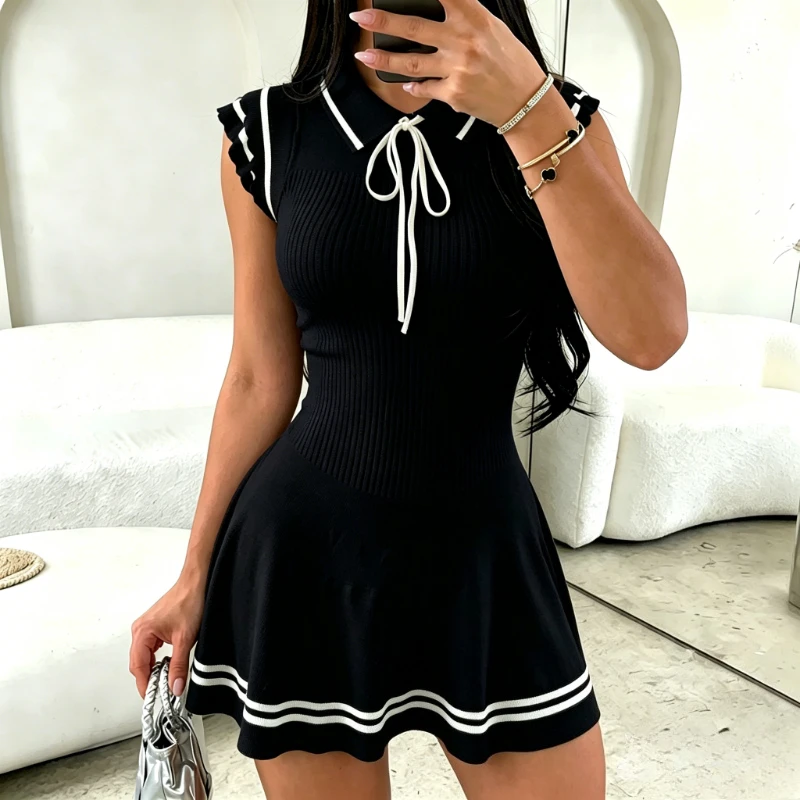Women's White Black Contrast Collar Tie Sundress Sleeveless Ribbed Knit Stretchy A Line Mini Dress Casual Summer Party Dress 2