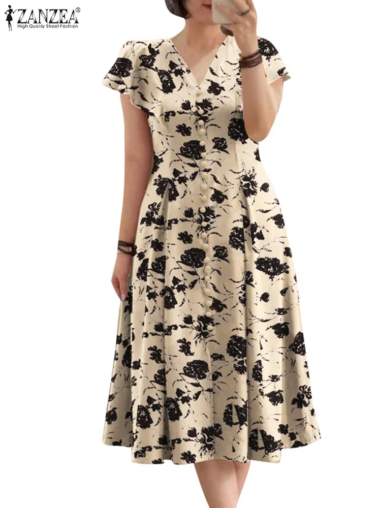 Women Elegant OL Work Floral Mid-calf Sundress ZANZEA Fashion Summer V Neck Short Sleeve Printed Dress Vintage Holiday Vestido 4