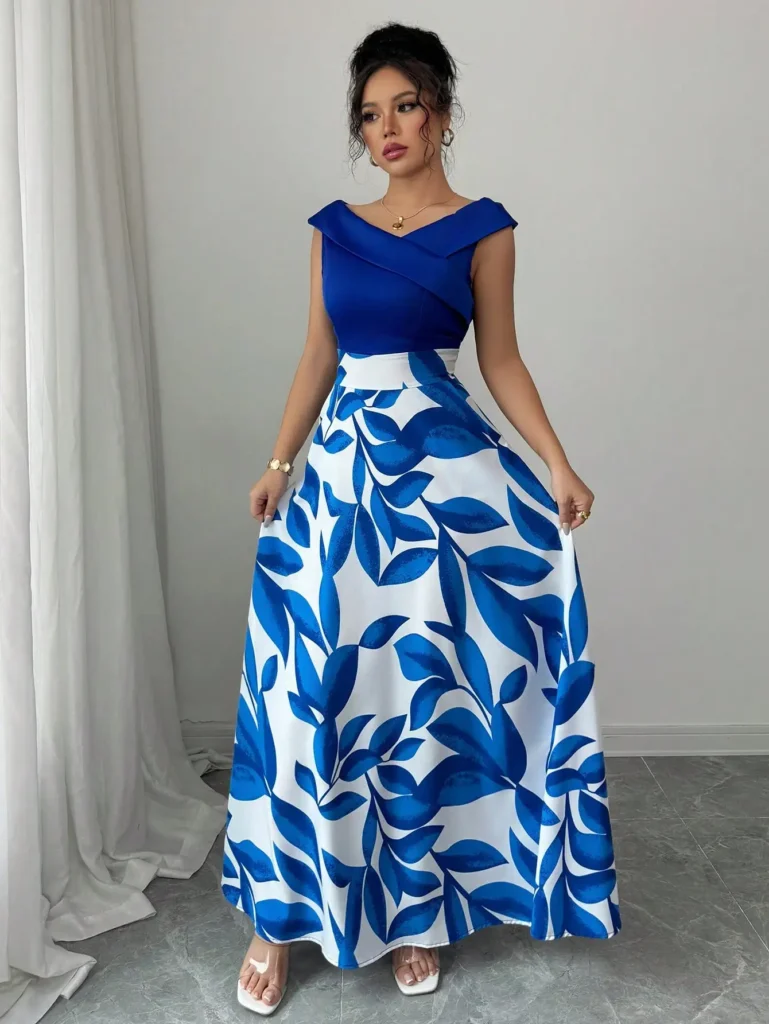 Women's Blue White Floral Maxi Dress Asymmetric Neckline Color Block Design Ideal for Evening Events Garden Parties Elegant Styl 1