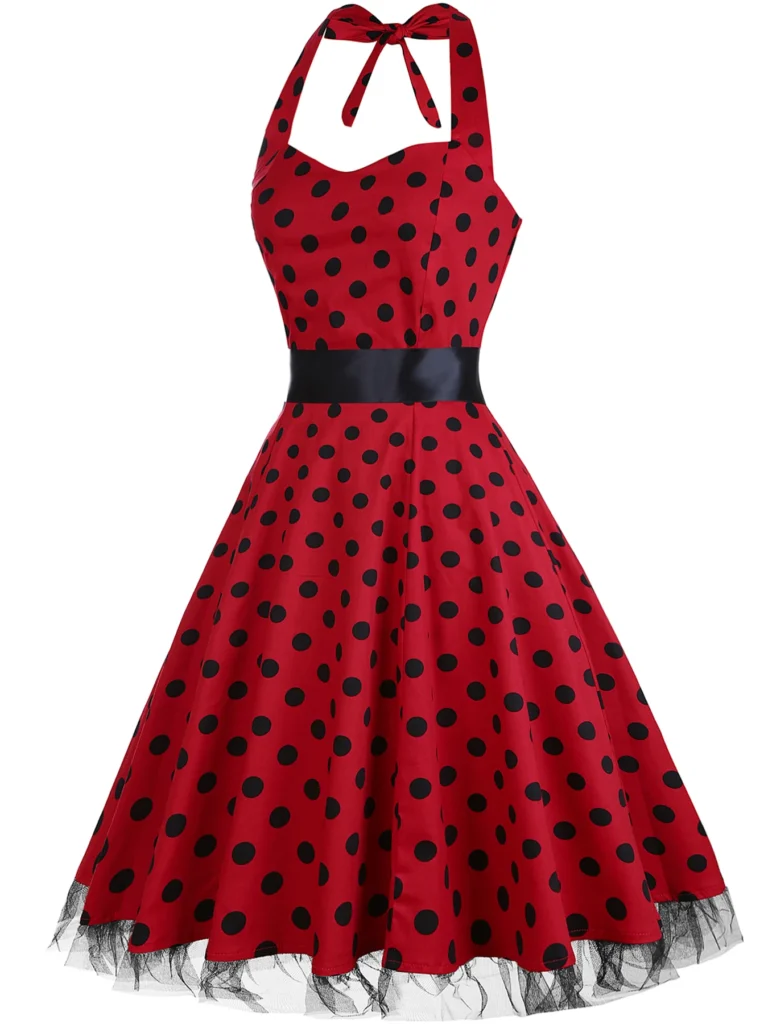 Womens Hepburn Halter Neck Polka Dot Elegant 1950s A-Line Casual Party Fit And Flare Skater Swing Vintage Dress 4