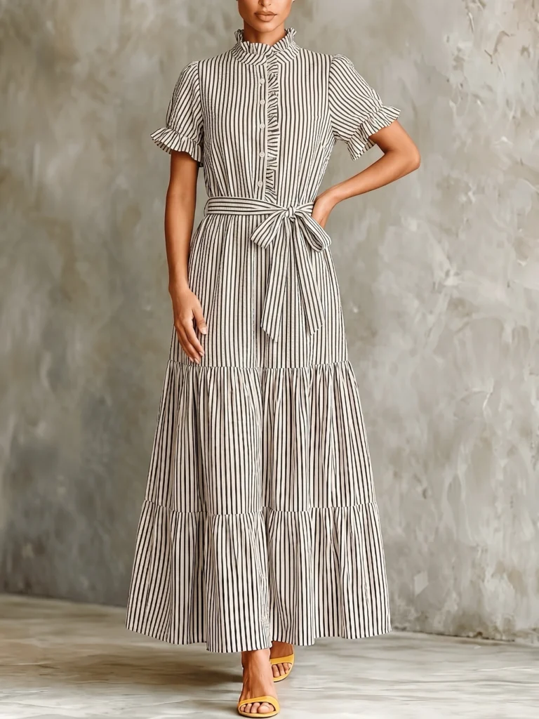 Vintage Striped Shirt Dress Women Elegant Ruffle Short Sleeve Button Belted A-Line Maxi Dress Spring Casual Office Party Robe Fe 4