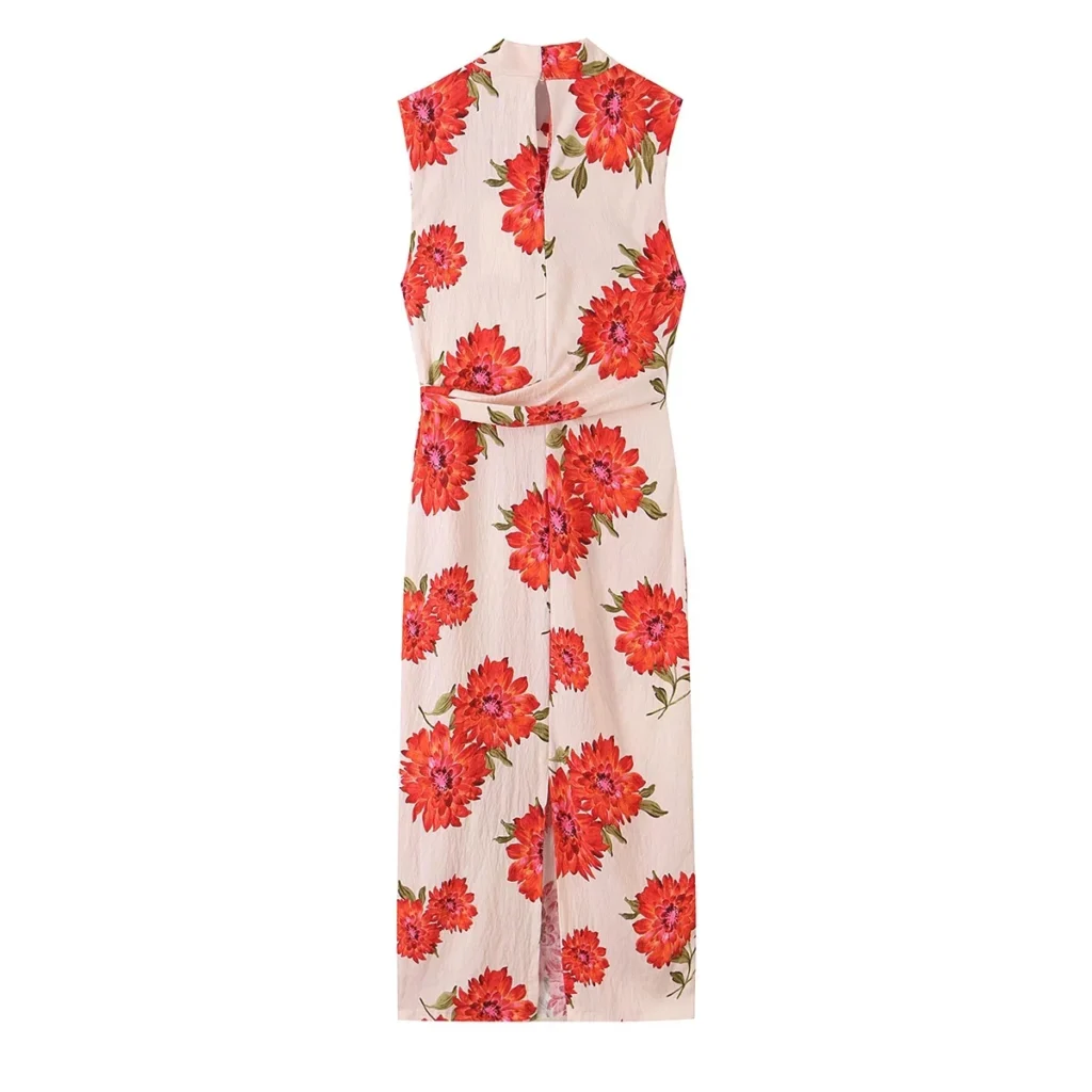 KONDALA Women Holiday Flowers-Printed Belt Dress 2026 Summer Trendy Elegant Chic Sleeveless Dress Female Festivities Midi Dress 3