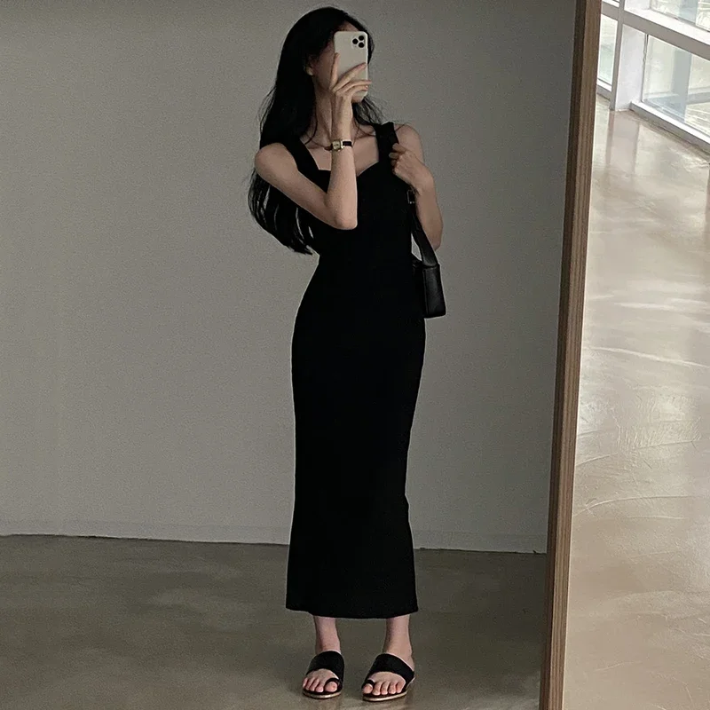 Myufon Basic Knit Long Dress Korean Fashion Square Collar Sleeveless Women's Dresses Summer Casual Y2k Vintage All-match Outftis 5