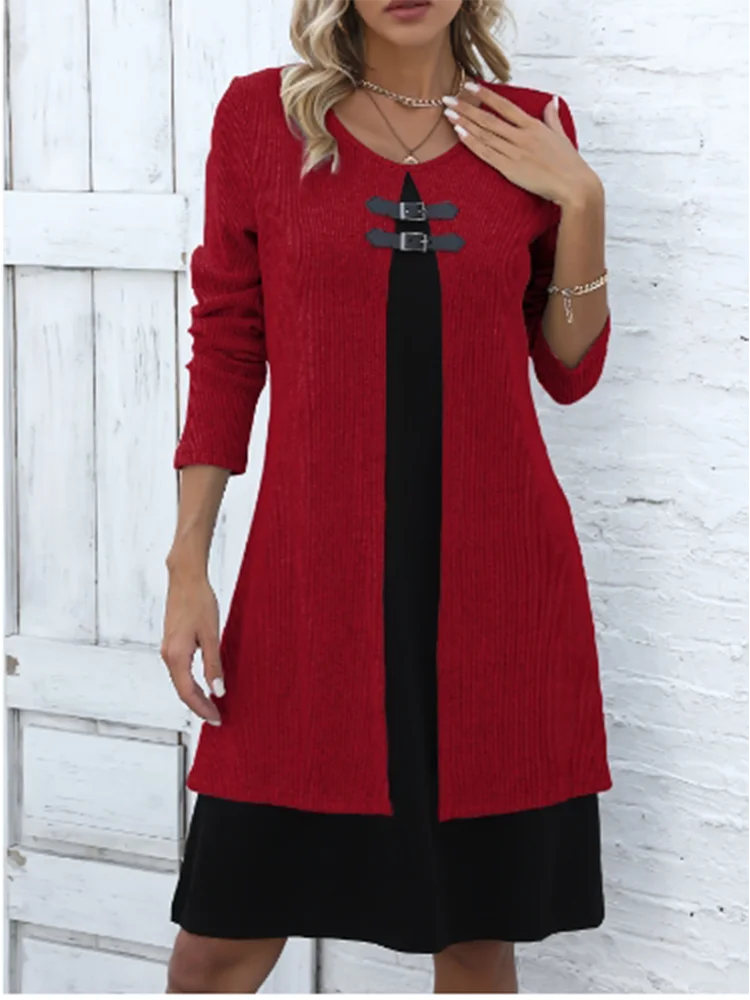 Women's One Piece Color Blocked Round Neck Dress Lady Long Sleeved  Button Up Dress Autumn Casual Elegant Dress 5