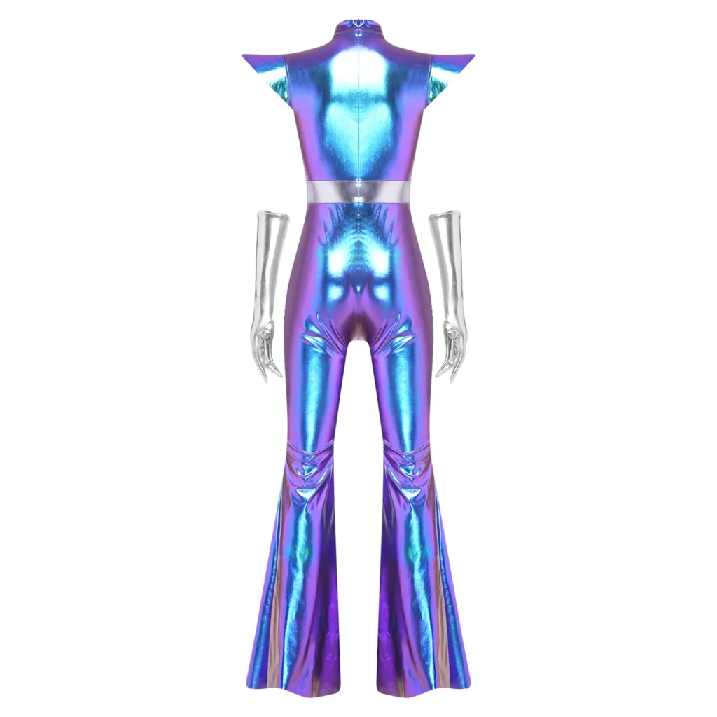 Womens Alien Cosplay Costume Metallic Shiny Disco Jazz Dance Flare Jumpsuit with Gloves Cutout Chest Bell Bottom Pants Bodysuit 5