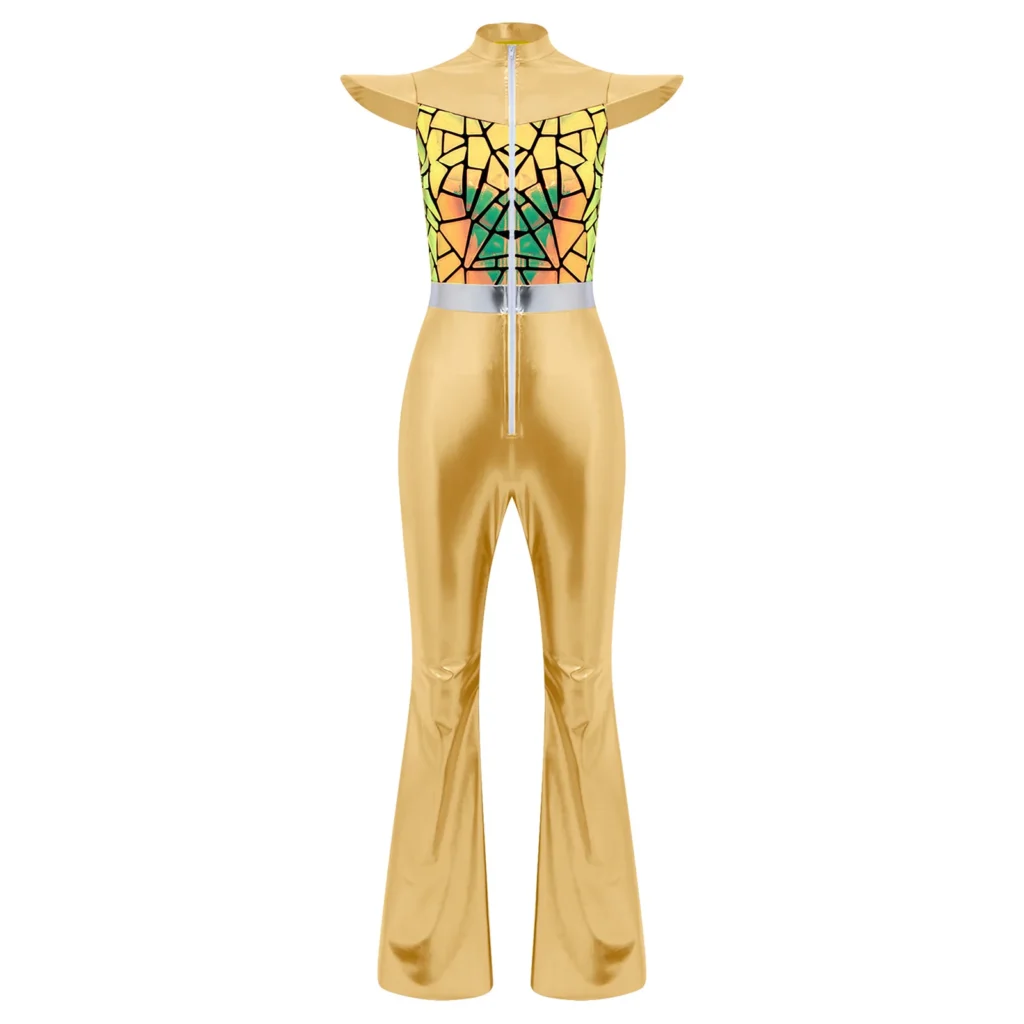 Women Retro 70s Retro Disco Jazz Rave Costume Metallic Gold Vintage Hippie Jumpsuit Front Zipper Print Flare Leg Bodysuit 4
