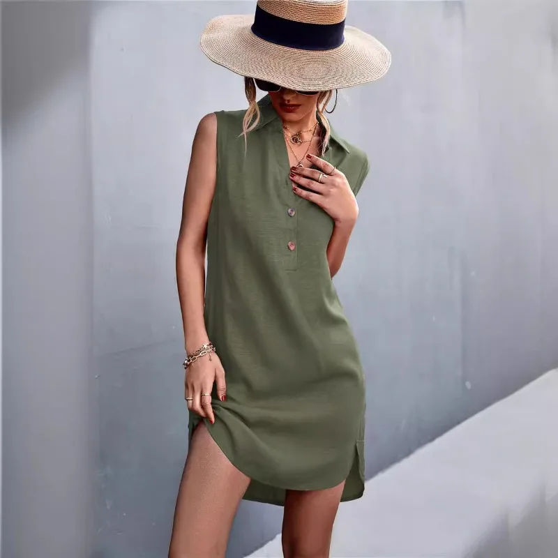 2025 Summer New Women's Dresses V-neck Button Sleeveless Vest Cotton Linen Ladies Clothes Y2K 1