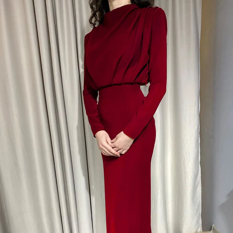 Women's Spring New Dresses with European and American Temperament, Waist Wrapped Solid Color Skirt, Long Sleeves, Round Neck 3