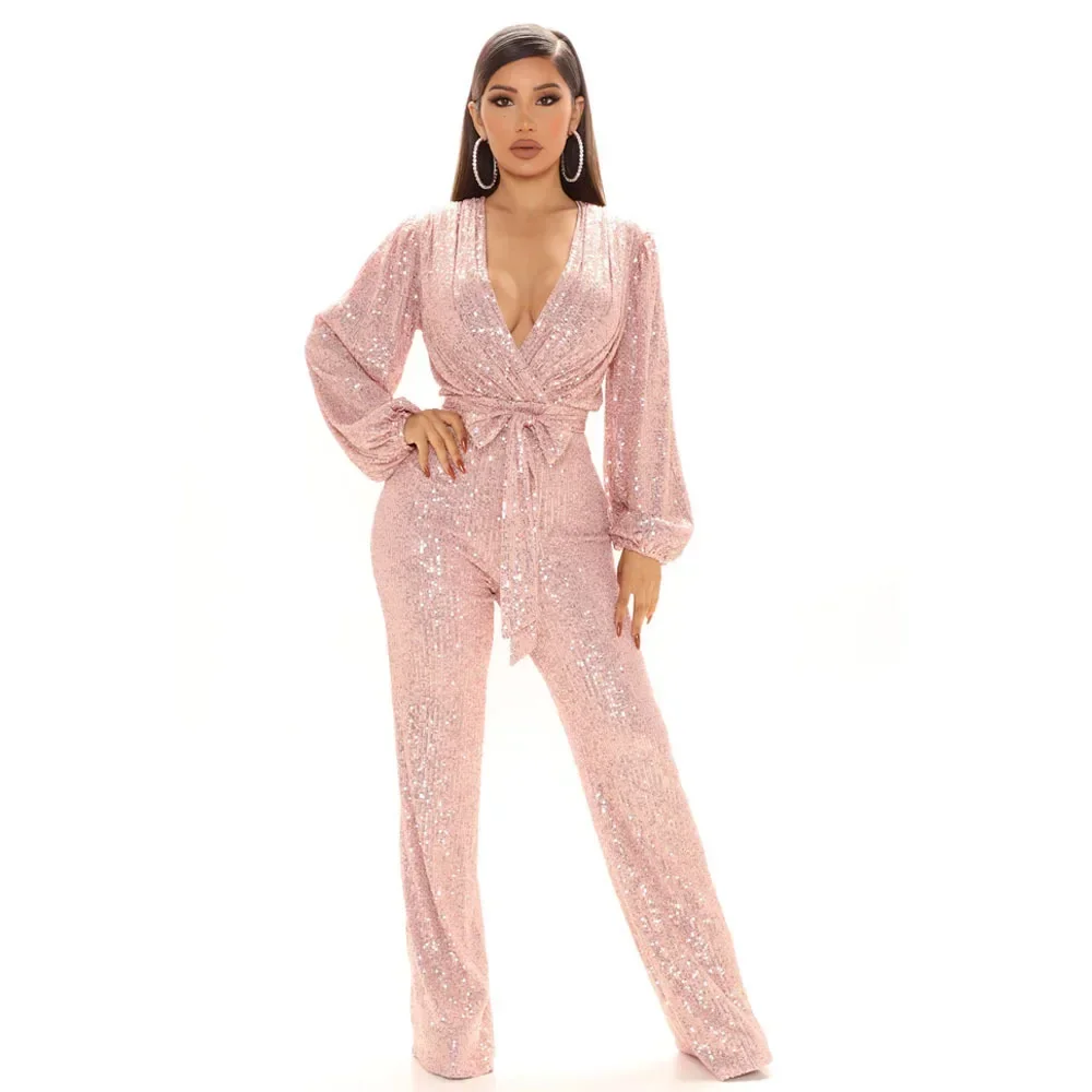 New Fashion Sequins Jumpsuit For Women Long Sleeve V Neck Draped Autumn Winter Rompers Celebrity Evening Party Club Overall 5