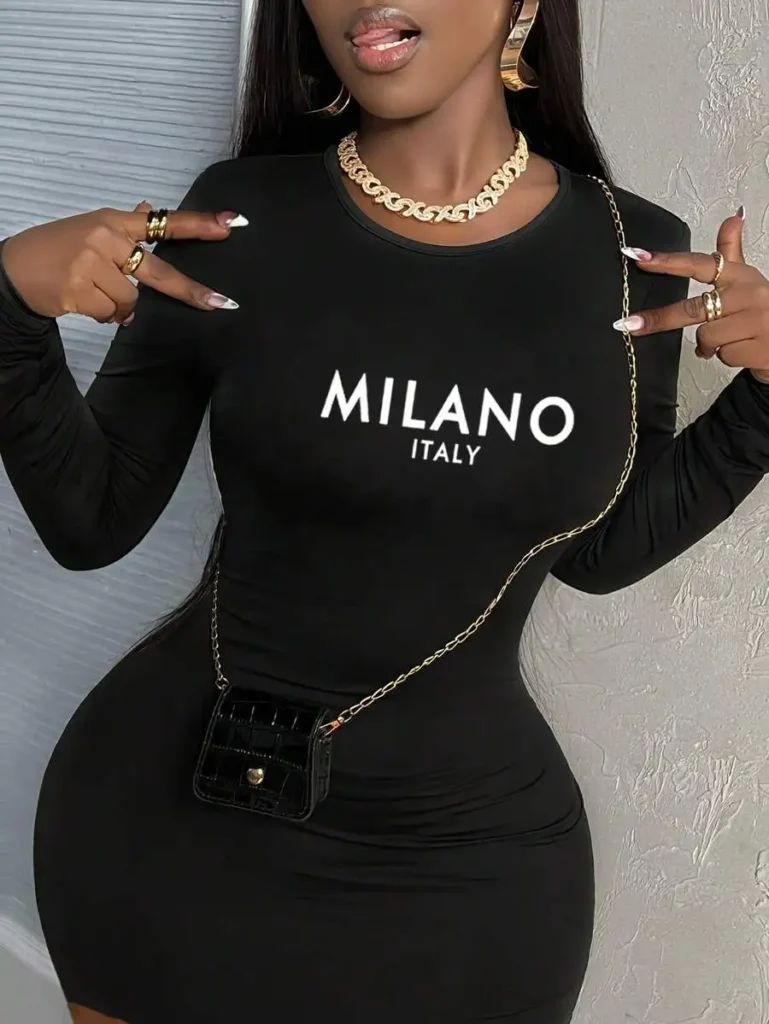 Womens Long Sleeve Bodycon Dress, Casual Slogan Graphic, Spring/Summer & Autumn/Winter Chic Style 1