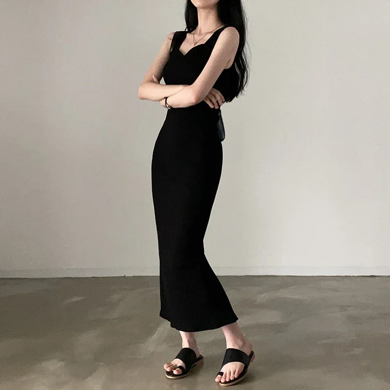 Myufon Basic Knit Long Dress Korean Fashion Square Collar Sleeveless Women's Dresses Summer Casual Y2k Vintage All-match Outftis 4