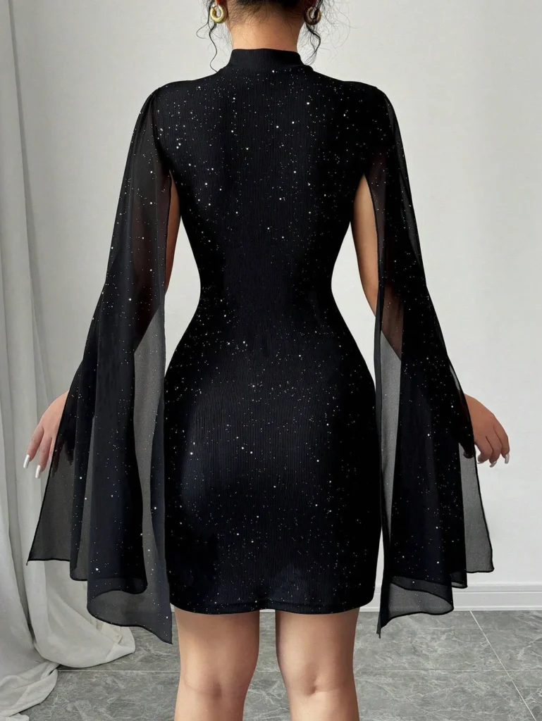 Sexy Women's Stand Collar Cape Mini Dress Sequins Sparkling Club Party Night Out Fitted Bodycon Elegant Autumn Winter 2