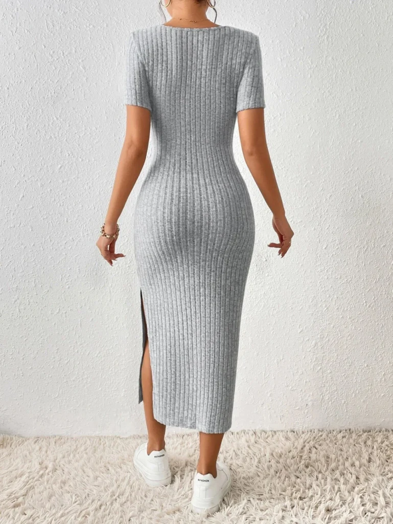 Women Spring Summer Style Knitted Dress Lady Casual Short Sleeve Square Collar Side Slit Dress Vestidos 4