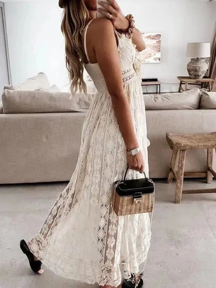 Summer Fashion Sexy Beach Vacation Long Dress Lace Sleeveless Women Dress V Neck Hollow Out Elegant Loose Dresses 3