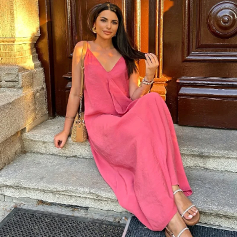 HXAO 2025 Women's Slip Dress Summer Green Red Black Dress Casual V-Neck Backless Long Dresses Sleeveless Vestidos Resort Dresses 5