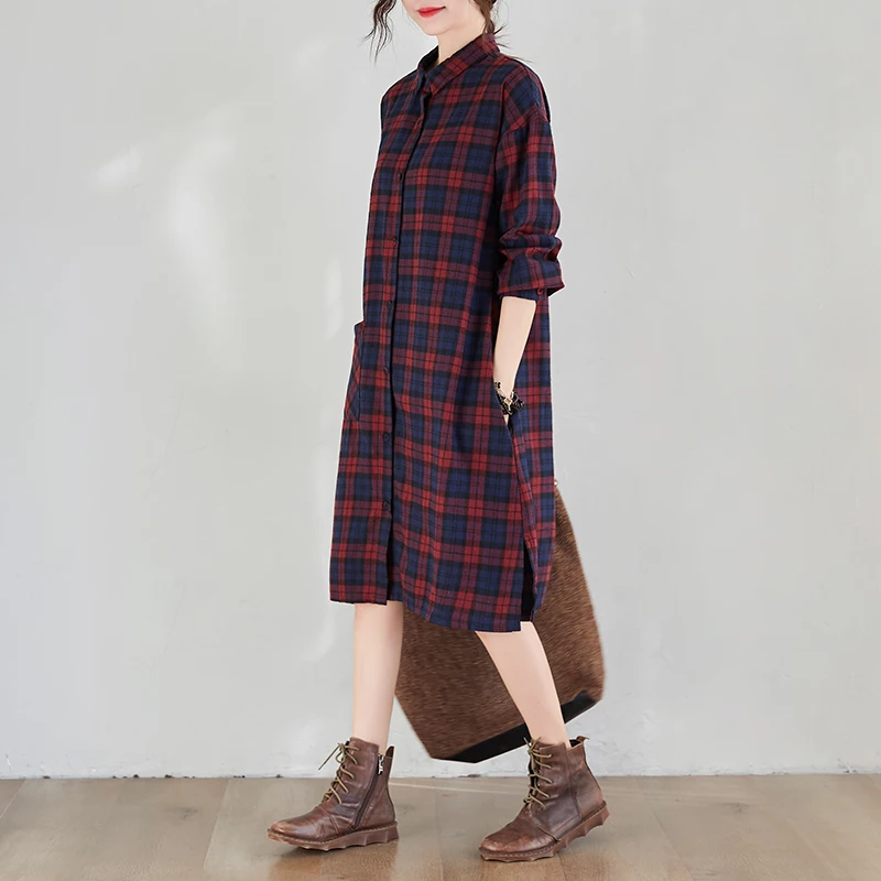Spring Faion plus Size Women's Plaid irt Dr Korean Sle Long Sve Midi Dr Sli Agel Commute Friendly 4