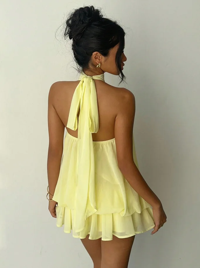 Women's Vacation Slim Fit Fashion Sexy Backless Halter Tie Waist Versatile Solid Color Dress, Stylish and Comfortable Summer 5