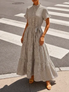 Vintage Striped Shirt Dress Women Elegant Ruffle Short Sleeve Button Belted A-Line Maxi Dress Spring Casual Office Party Robe Fe