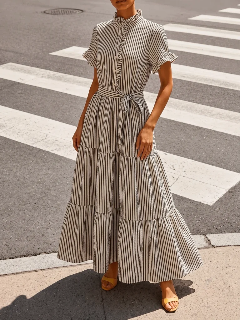Vintage Striped Shirt Dress Women Elegant Ruffle Short Sleeve Button Belted A-Line Maxi Dress Spring Casual Office Party Robe Fe 1