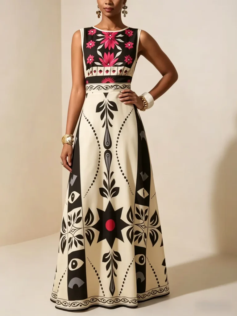 Elegant Red Floral Tribal Sleeveless Dress High Waist A Line Maxi Gown, For Wedding Guest Evening Party Vacation Outfits 6