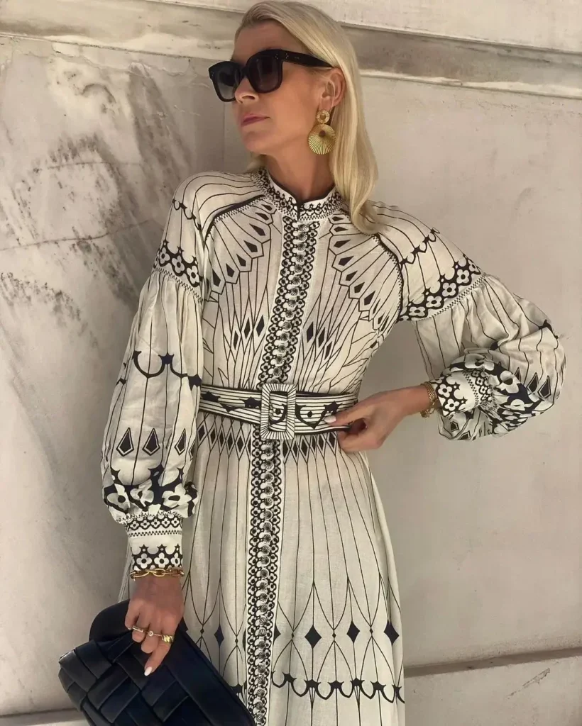 Retro Elegant Stand Collar Long Dress Women Spring Pattern Print Belted Buckle Party  Autumn  Sleeve A-Line Boho 1