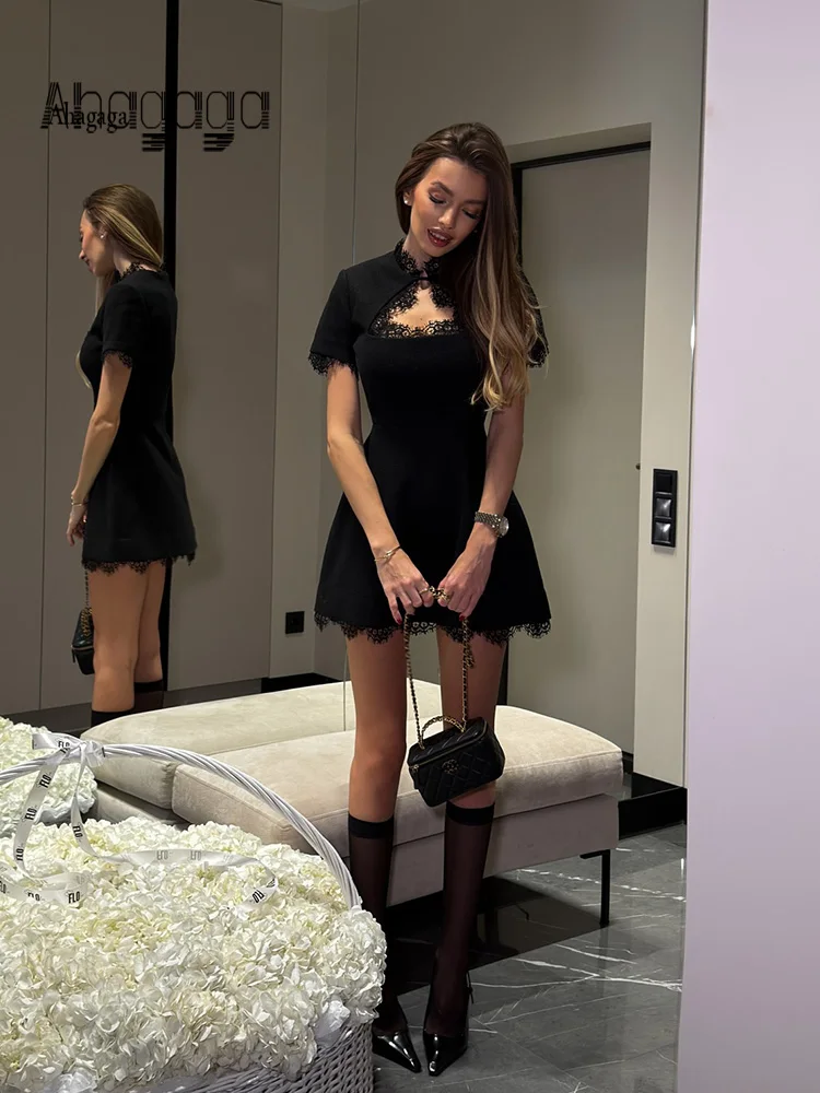 Ahagaga Sexy Women's Mini Dresses Patchwork Short Sleeves Lace Hollow Out Slim Fit Trend Baisc Turtleneck Streetwear Female Robe 1