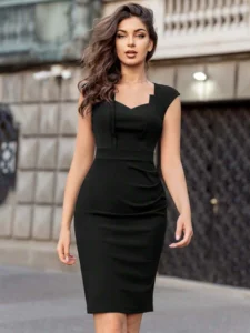 Women Square Neck Sleeveless Vintage Slim Work Office Cocktail Party Knee Length Sheath Bodycon Pencil Slim Dress