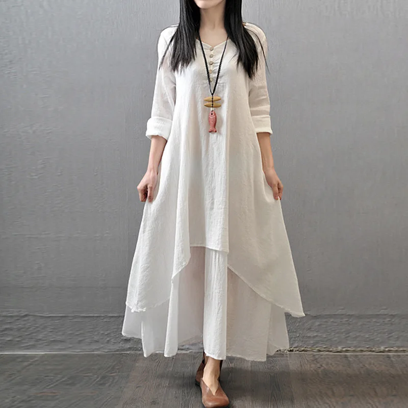 Spring Autumn Women Maxi Dresses Casual Full Sleeve Bohe Cotton Women'S Casual Fashion Loose Long With Button Solid Color Dresse 3