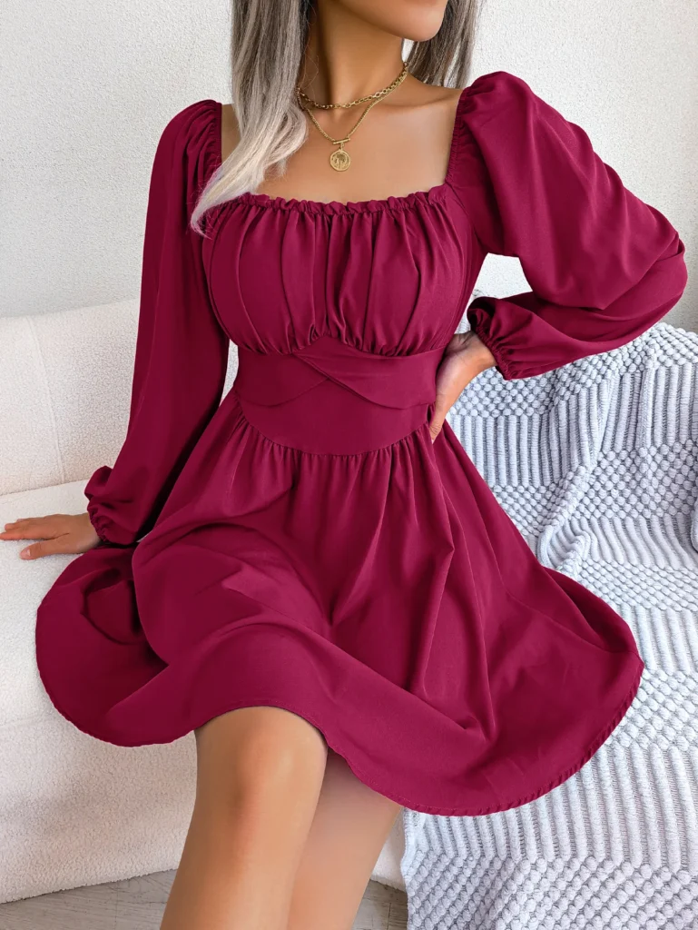 Casual Ruched Square Neck  Long Sleeve Ruffle Trim Dress For Spring & Fall, Women's Clothing 4