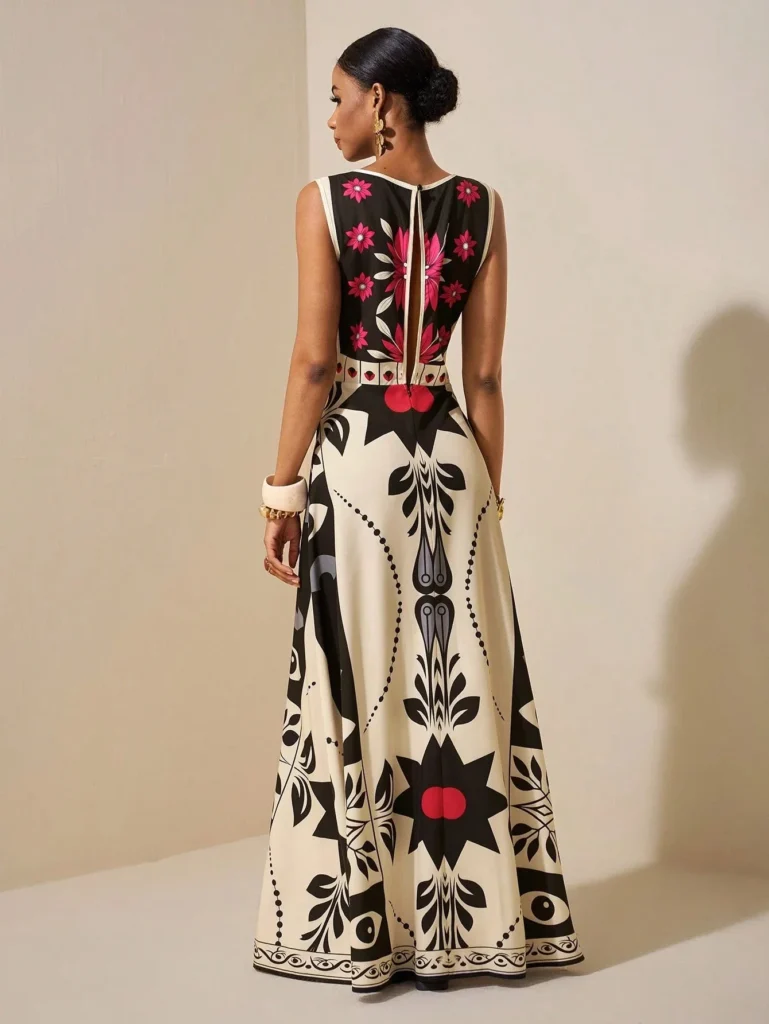 Elegant Red Floral Tribal Sleeveless Dress High Waist A Line Maxi Gown, For Wedding Guest Evening Party Vacation Outfits 2