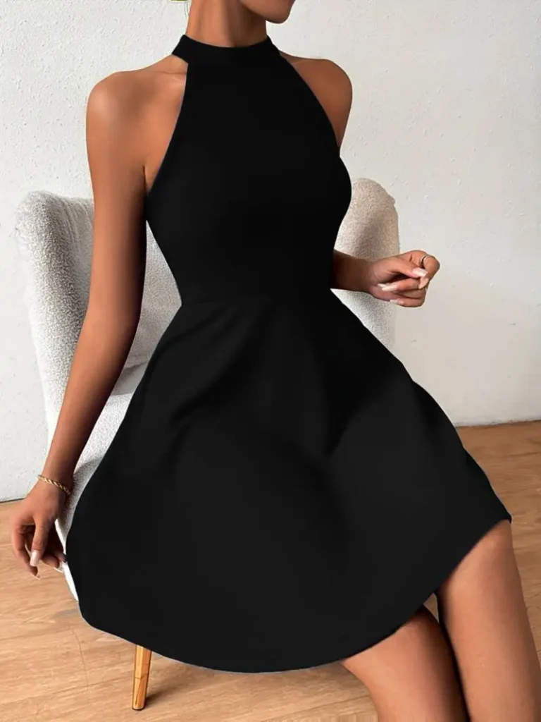 Slim Fit Hanging Neck Sleeveless Off-the-Shoulder A-Line Short Skirt Waist Cinched Dress for Women 2