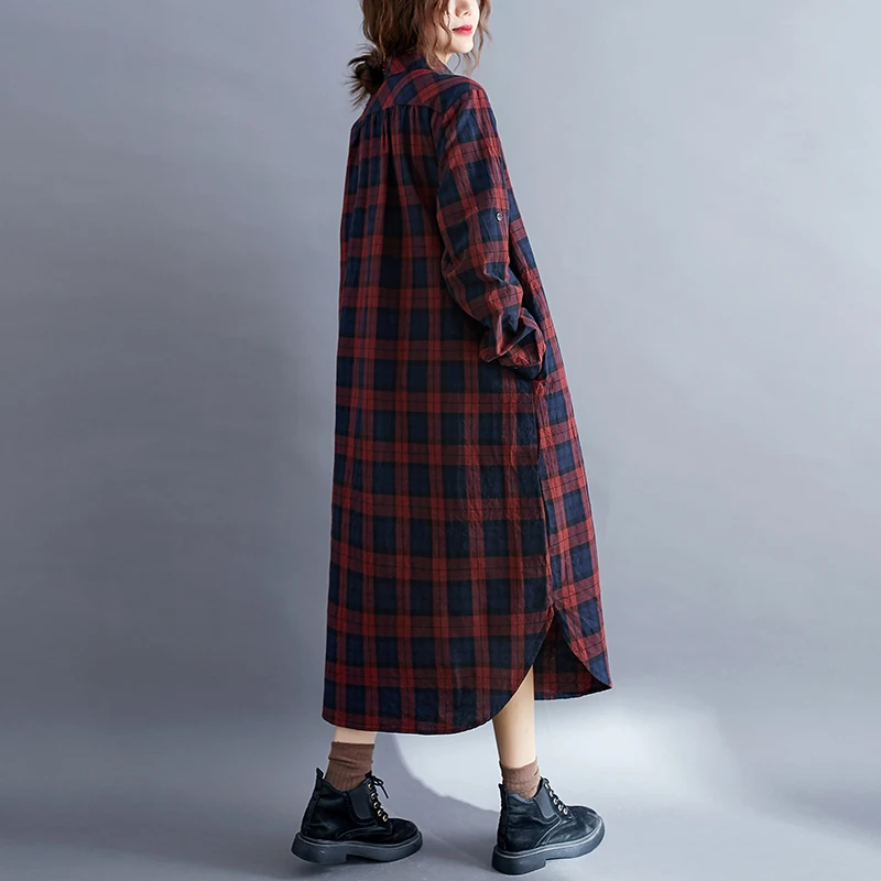 plus Size Women's irt Dr Mid-Length Loose Fit Slimming Plaid Sle Autumn Faionable Split Hem  Collar Long Sve 3