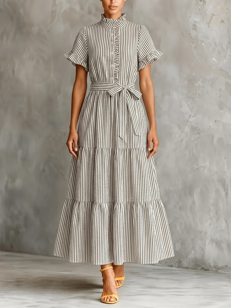 Vintage Striped Shirt Dress Women Elegant Ruffle Short Sleeve Button Belted A-Line Maxi Dress Spring Casual Office Party Robe Fe 3