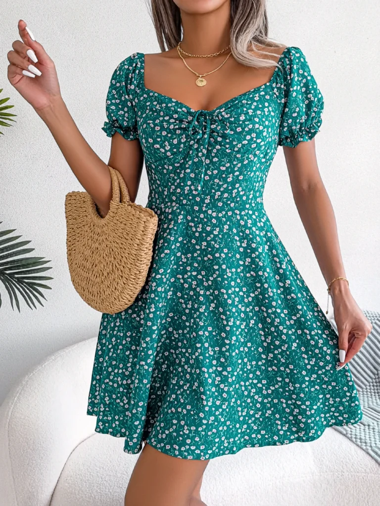 Women Casual Square Neck Flare Short Sleeve Floral Dress Elegant A Line Dress for Spring Summer 2026 Fashion Woman Clothing 1