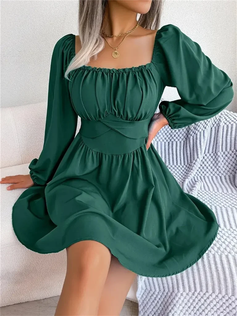 Casual Ruched Square Neck  Long Sleeve Ruffle Trim Dress For Spring & Fall, Women's Clothing 1