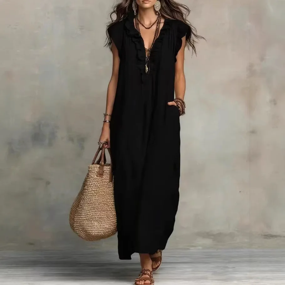 2026 Summer Women Boho Cotton Linen Maxi Dress Solid Color Ruffle V Neck Sleeveless Loose Long Dresses With Pockets Casual Beach 1