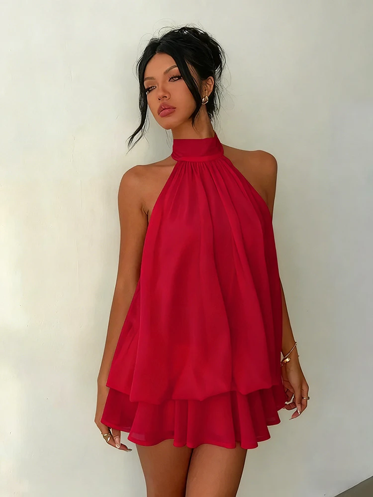 Women Halter Neck Backless Tie Mini Dress Summer Sleeveless Chiffon Ruffle Short Dresses Sexy Club Party Beach Vacation Outfit 4