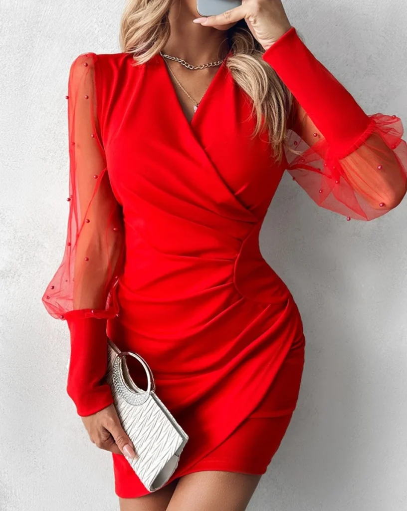 Ladies Fashion V-Neck Long Sleeve Mesh Dress Pure Color Pleated Waist Cinched Asymmetrical Hemline Elegant Gown 2