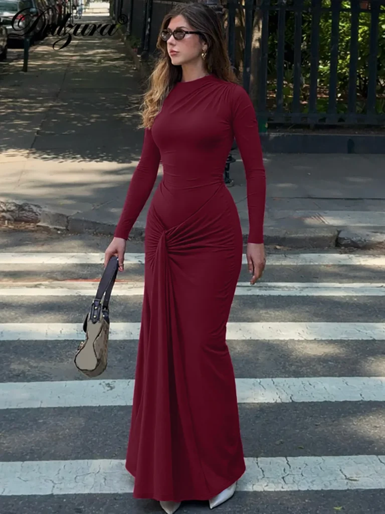 Dulzura Autumn Solid Elegant O-Neck Long Sleeve Ruched Slim Lace Up Long Dress Women'S Fashion Casual Clothes Party Club Outfit 2