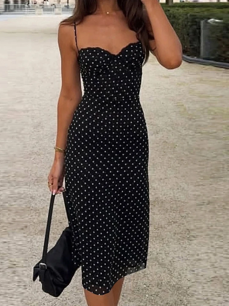 Kliou Polka Dot Print Sling Dress Woman Summer Trend Low-Neck Backless High Waist Robe Daily Casual Simple Elegant Long Bodycon 2