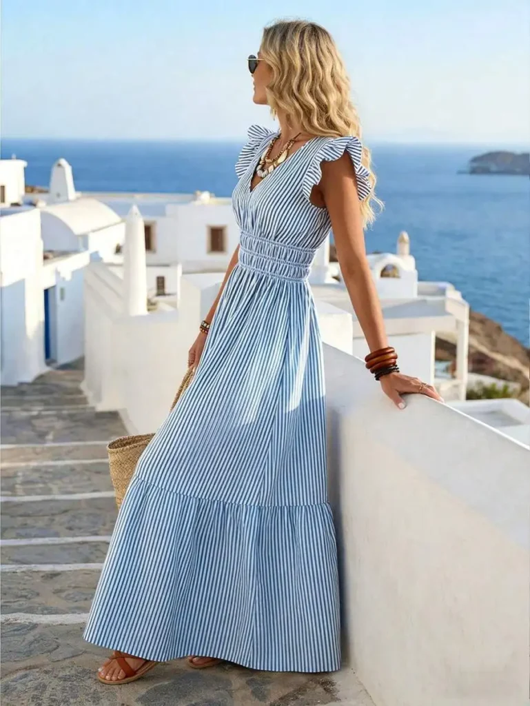 Women's Blue & White Stripe V-Neck Maxi Dress Boho A-Line Casual Fashion Leaf-Edge Summer Beach Vacation Holiday Striped Dress 4