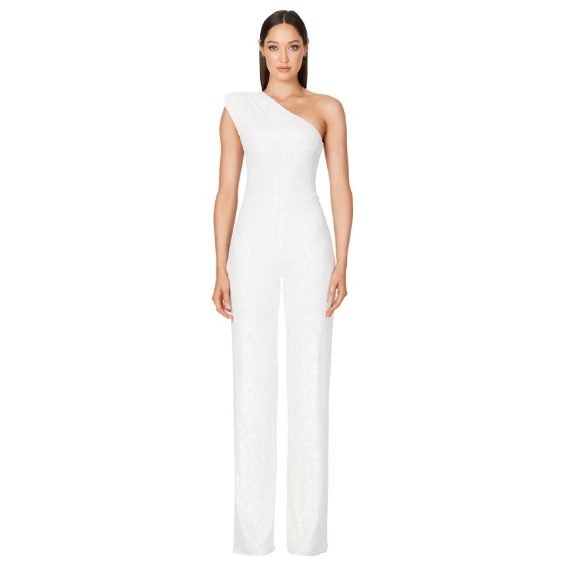 Women Elegant Long Jumpsuits Slanted Collar Party 2026 Sexy Glitter Sequin Club Playsuits Fashion Backless Solid Romper 6