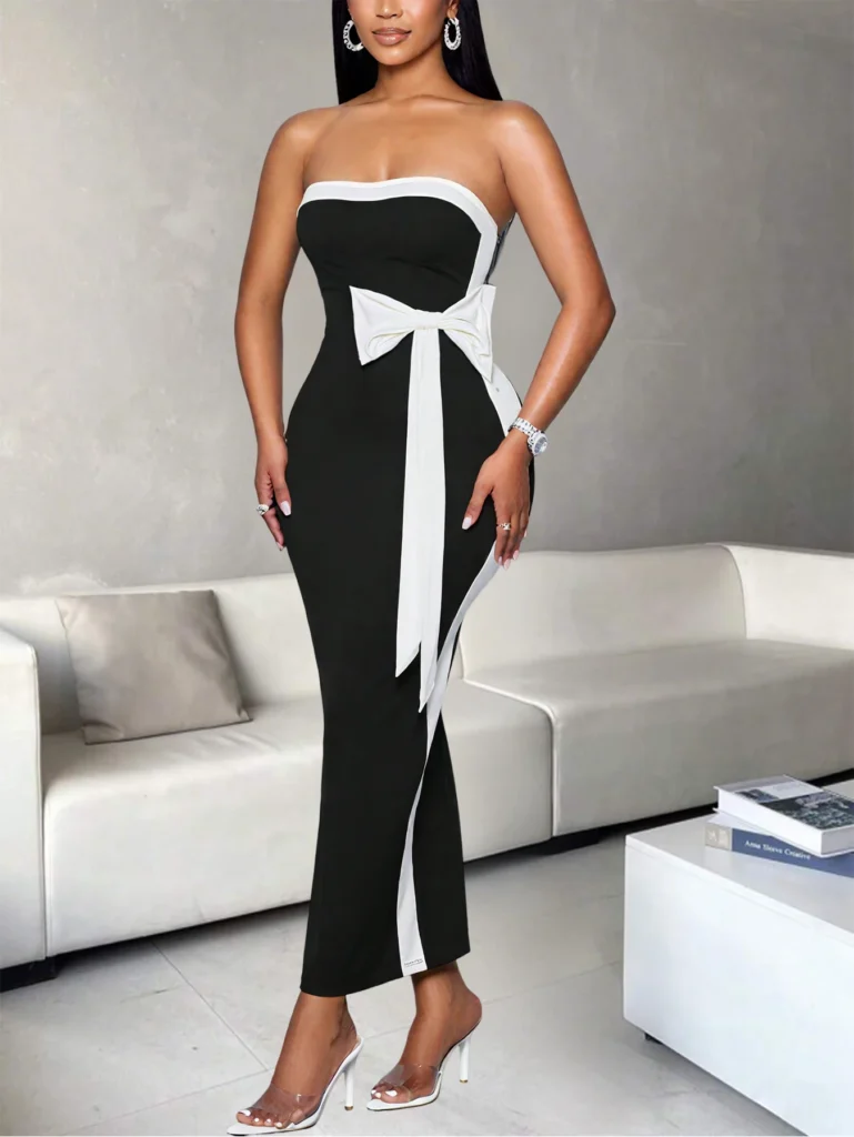 Ladies Fashion Elegant Color Block Knot Design One Shoulder Dress Stylish Graceful Versatile Butterfly Bow Dress for Women 5