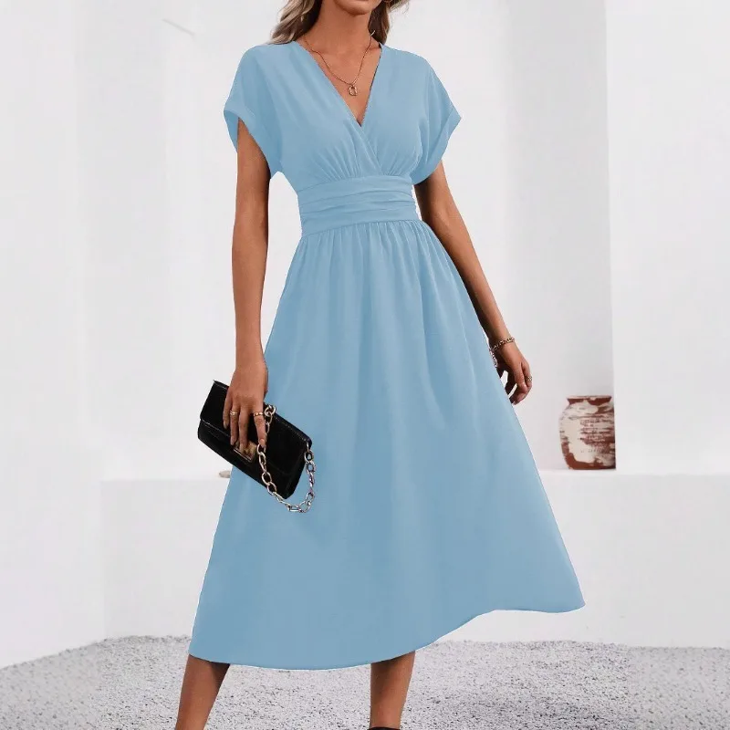 Dresses 2025 Woman Summer Solid-Color V-Neck Batwing-Sleeve Pleated Long Elegant Dress Woman Clothing Tops Skirts Y2k Clothes 3