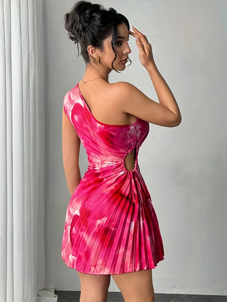 Summer Elegant Ink Print Smudge Cut-out Waist Dress Slanted Shoulder Collar Pressed Pleated Women's Dresses 2