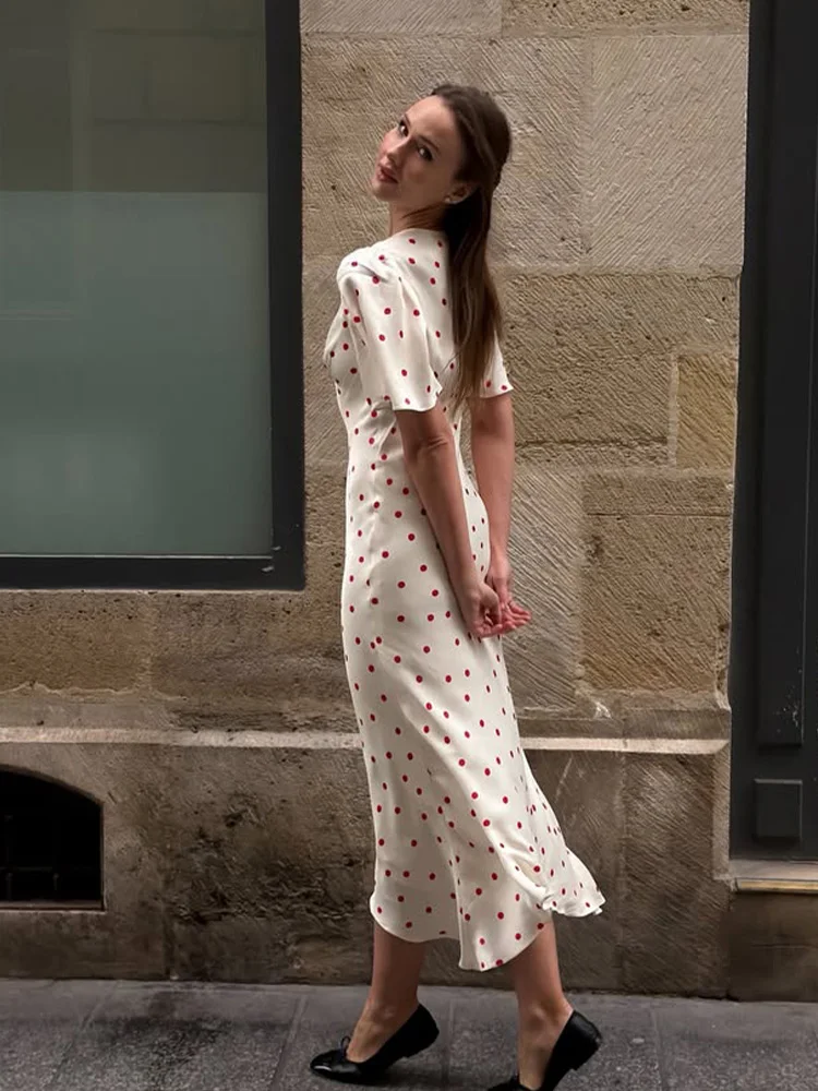 Huhugirl Dot Printing Long Dresses Elegant Half Sleeves O-Neck Casual Chic French Sweet Street Style For Women Summer Slim Soft 5