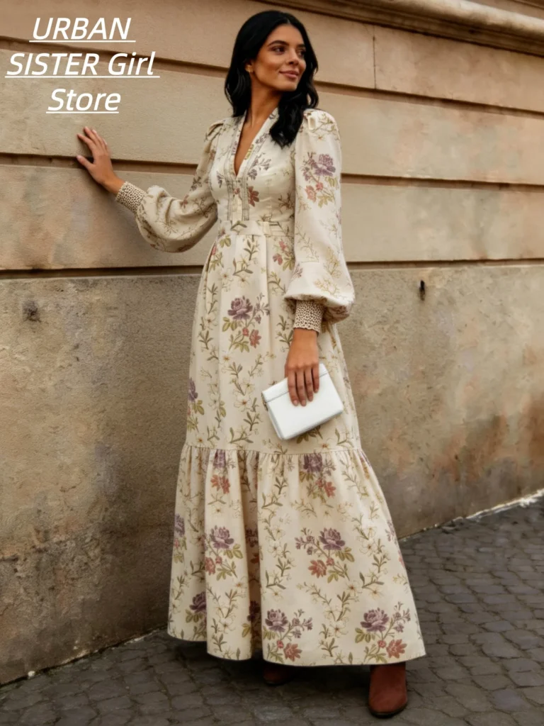 Vintage Floral Print V-Neck Puff Long Sleeve Dress with Elastic Cuffs, High Waist, Layered Ruffles, and a Long Design in a Pastoral Style for Vacation and Travel Photography 5