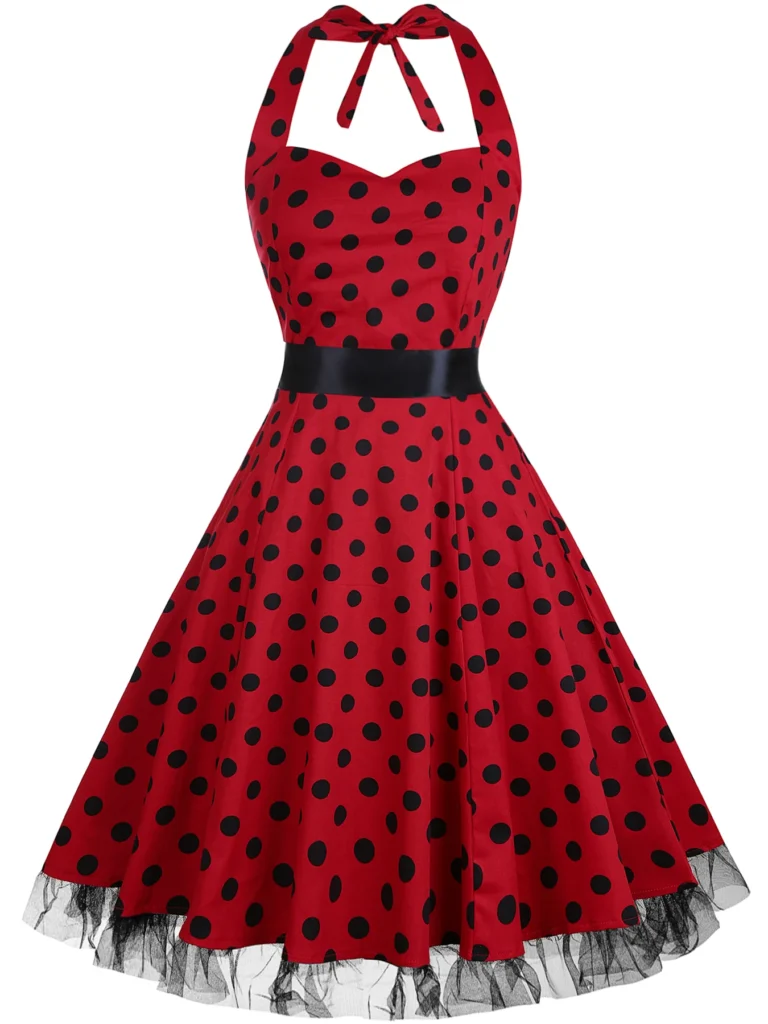 Womens Hepburn Halter Neck Polka Dot Elegant 1950s A-Line Casual Party Fit And Flare Skater Swing Vintage Dress 3