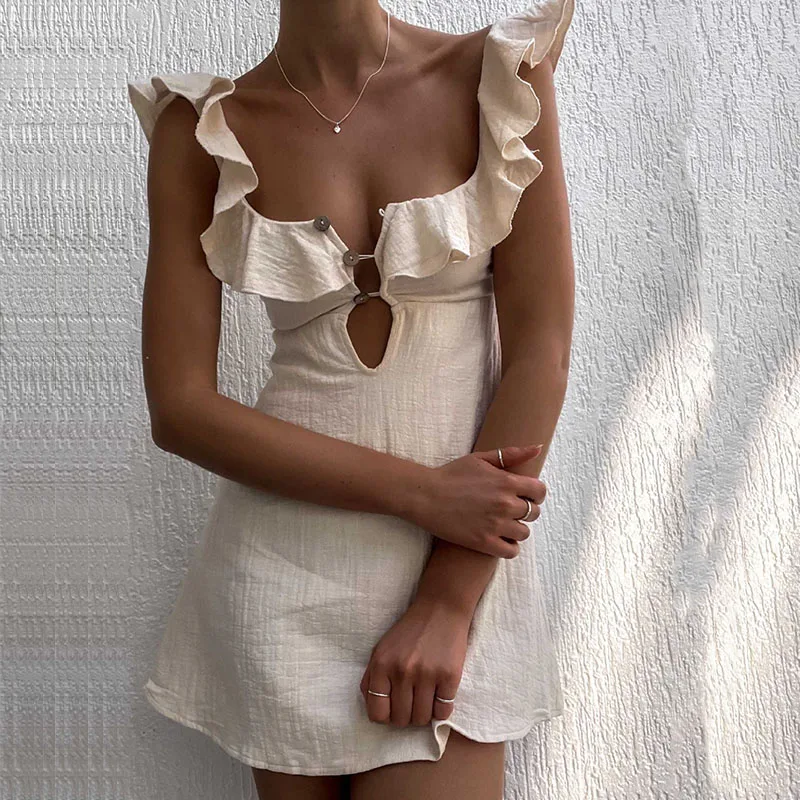 Summer Hollow Out Button Ruffles Short Dress Sexy V Neck Sleeveless Solid Color Dress New Holiday Beach Cotton Linen Mini Dress 5