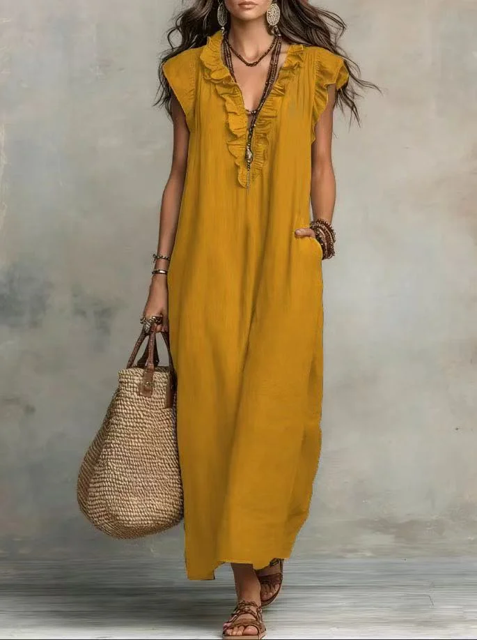 2026 Summer Women Boho Cotton Linen Maxi Dress Solid Color Ruffle V Neck Sleeveless Loose Long Dresses With Pockets Casual Beach 6